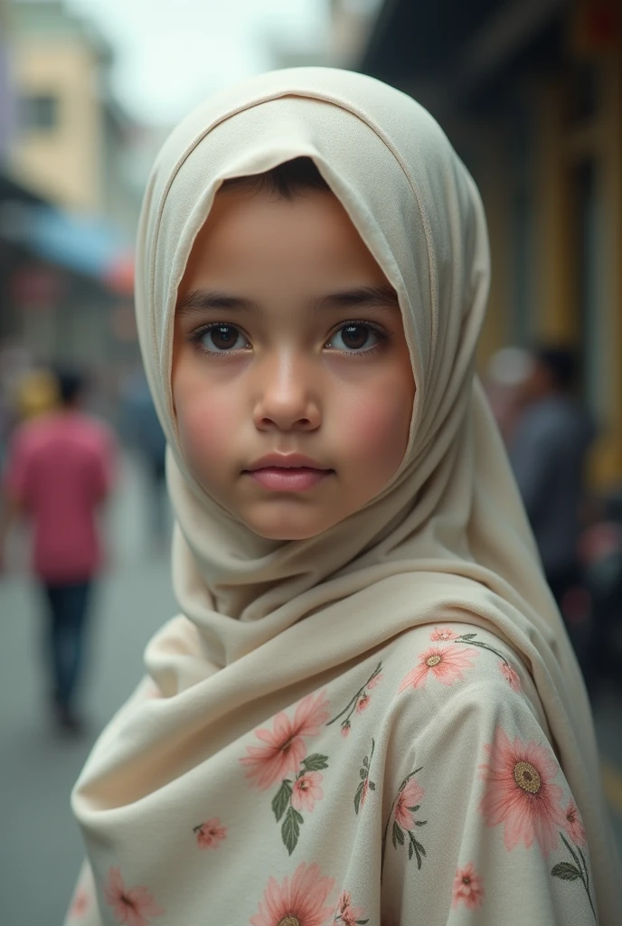 Pastel color with delicate flower printed hijab Indonesian-Arabic Girl, realistic background, non model shot, unblurred people in background