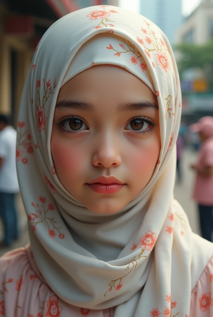 Pastel color with delicate flower printed hijab Indonesian-Arabic Girl, realistic background, non model shot, unblurred people in background