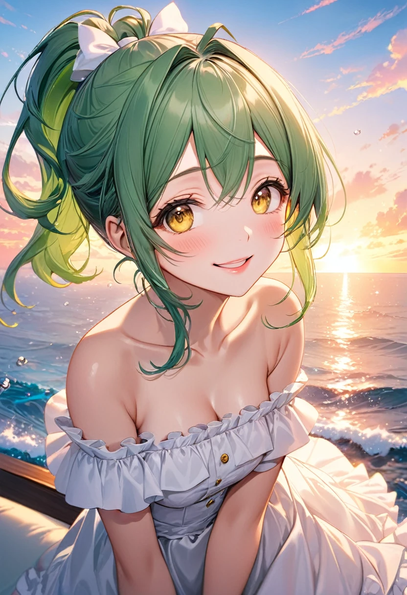 (ecstasy style), (frontale, pov), (looking up, solo:2, 15 yo), (beautiful ponytail) (glossy beautiful green hair long hair) (beautiful cute girl), (glossy lip, happy smile, best beauty yellow eyeswith pink-Eyeshadow), (medium tits), in a Ruffle off shoulder white dress, break, in the evening Open Lounge, background beautiful sunset in ocean, BREAK, perfect anatomy, masterpiece, best quality, 16k, beautiful detailed Dim, daydreaming expression.