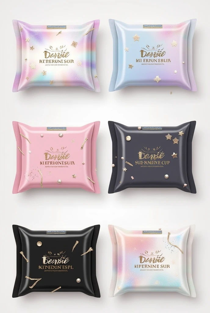 Make a copy each of these soap packaging ideas in a clear picture, the soap packaging is a box-shaped pillow styled pouch:
"Kili Power Whitening Soap": White or light gray with a subtle pattern of stars or lightning bolts, symbolizing power and brightness.
"Barbie Whitening Soap": Soft pink with a subtle shimmer, featuring small heart or crown motifs, reflecting the playful and glamorous essence of the Barbie brand.
"Charcoal Niacinamide Soap": Matte black or dark gray pouch with minimalist silver geometric lines, representing the sleek and purifying properties of charcoal.
"Glass Skin Soap": Light pastel pouch with a holographic finish, featuring small water droplet or crystal motifs, symbolizing clarity and radiance.
Brand and Product Label:
Front Label: A small, elegant design. Use a metallic or embossed font to display the brand name "BEENISHA SKIN ESSENTIALS" brand at the top, followed by the product name in a slightly smaller font.
Back Label: On the back, include key details such as:
Ingredients: A brief list of the main active ingredients.
Benefits: A short description highlighting the primary benefits
Usage Instructions: Simple steps for using the soap effectively.
The design should be consistent across all products but vary in colors and motifs to represent each soap’s unique identity. The overall theme should feel chic, cute, and premium, appealing to customers who value both effectiveness and aesthetics in their skincare routine.