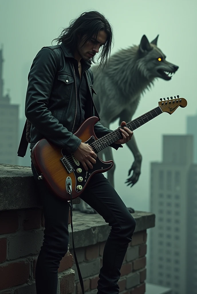 Man with long black messy hair down to the shoulder , black rock pants and a leather jacket.
WOMAN werewolf watching him hidden, while he plays guitar on top of the building