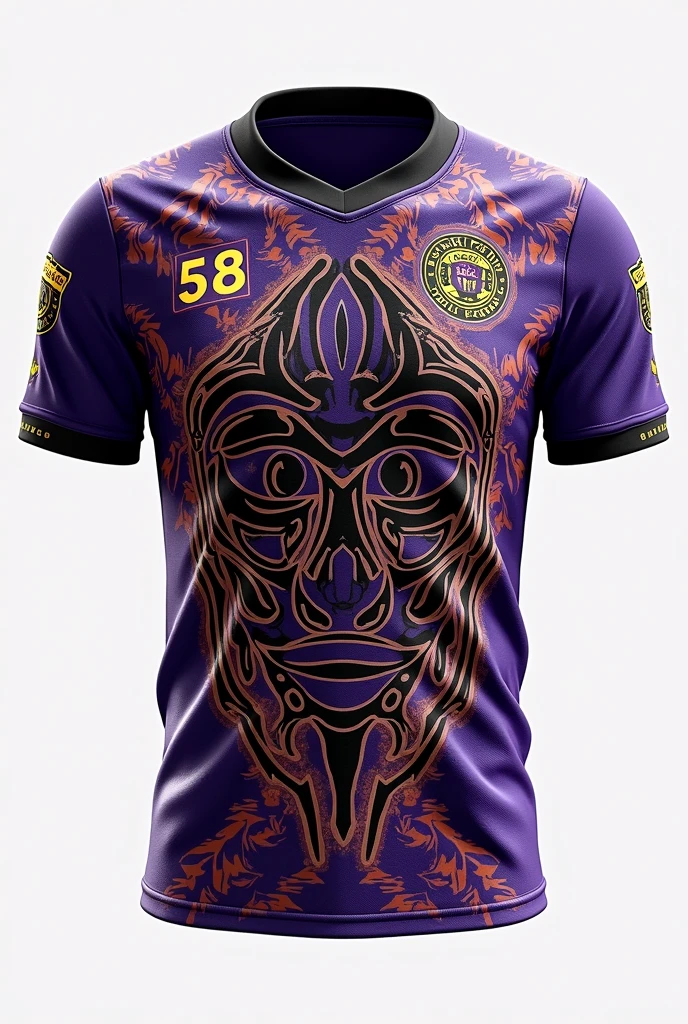 Purple and white football shirt Details :indigenous painting in black Panther in black and gold in the center Small number 58 on the upper right side