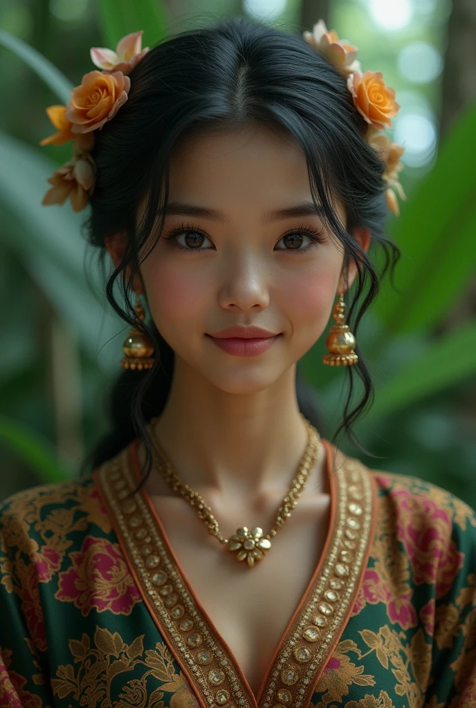 a malay girl in traditional malaysian kebaya dress, ornate intricate detailed batik patterns, beautiful detailed eyes, beautiful detailed lips, extremely detailed face, long eyelashes, detailed ornate hair accessories, detailed cultural jewelry, natural jungle foliage background, lush tropical forest, diffused soft lighting, muted warm color palette, cinematic lighting, photorealistic, ultra-detailed, (best quality,8k,highres,masterpiece:1.2),digital art, concept art, artstation, cinematic composition