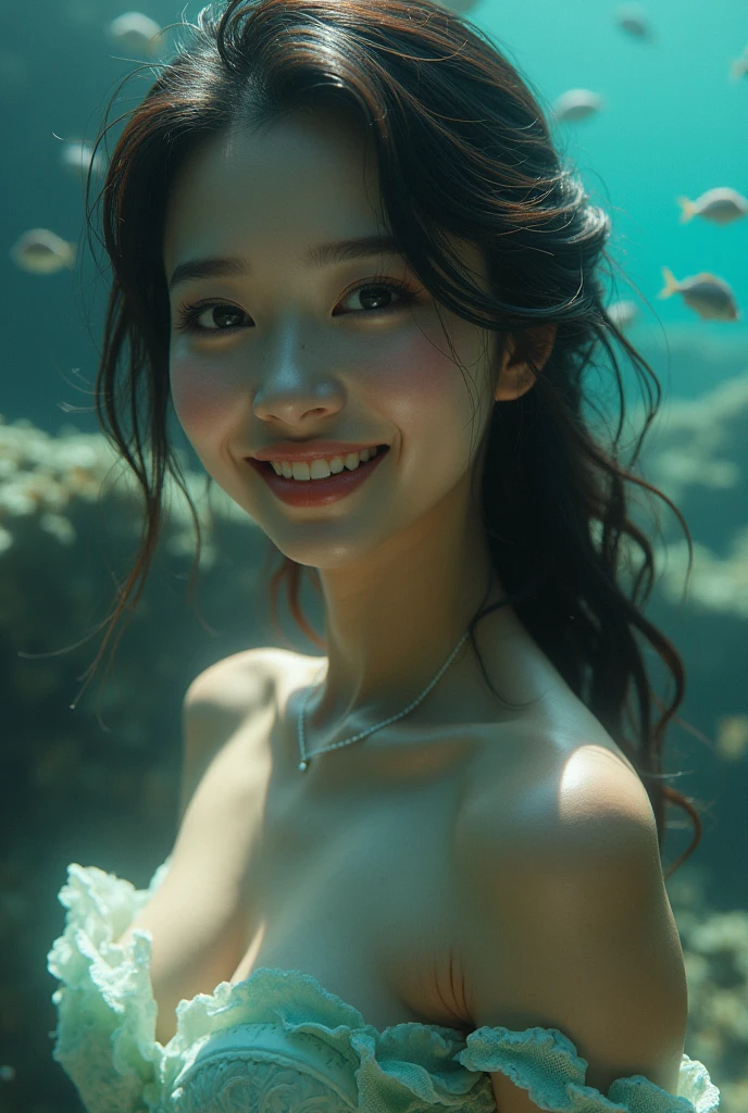 (masterpiece,best quality:1.4),(8k,raw photo,photo realistic:1.2),shiny skin,detailed skin,detailed face,detailed eyes,Detailed hands,Detailed Background、1girl,Japanese idol,(beautiful face),(Shining Eyes:1.1),、smile、Symmetrical eyes、、Great background、Great location、((Sexy Costumes))、Upper Body、(Detailed cute face mermaid,Live-action adaptation,The Little Mermaid,)、coral,Small tropical fish,In the water,swim,Full body portrait,Ocean,mysterious,Charming,nswf