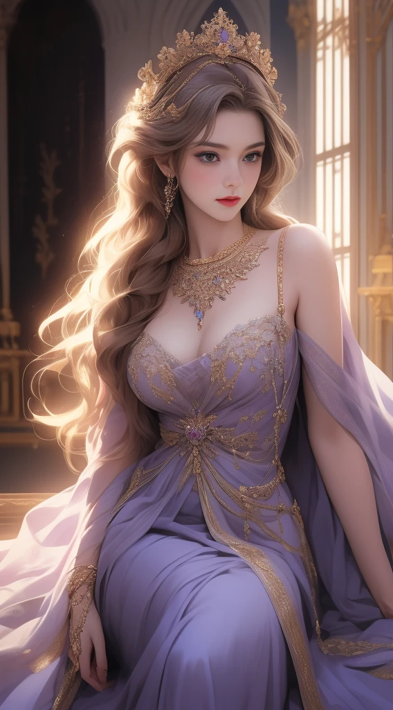 (Best quality,8K,A high resolution,Masterpiece:1.2),Ultra-detailed,(Realistic,Photorealistic,photo-realistic:1.37),Portrait,Creative style artwork,Historical,classical,Sophisticated,plethora of colors,Highly detailed,Soft lighting,luxurious environment,detailed gown,Vi pregnant girl brant flowers,detailed jewellery,Ethereal atmosphere,Elegant Pose,Graceful curves,Gold body proportions，Flowing hair,Breathtaking textile patterns,Harsh purple eyes,Delicate floral decoration,A dazzling array of crystal accessories,Mysterious and dreamy atmosphere,Impeccable attention to detail.