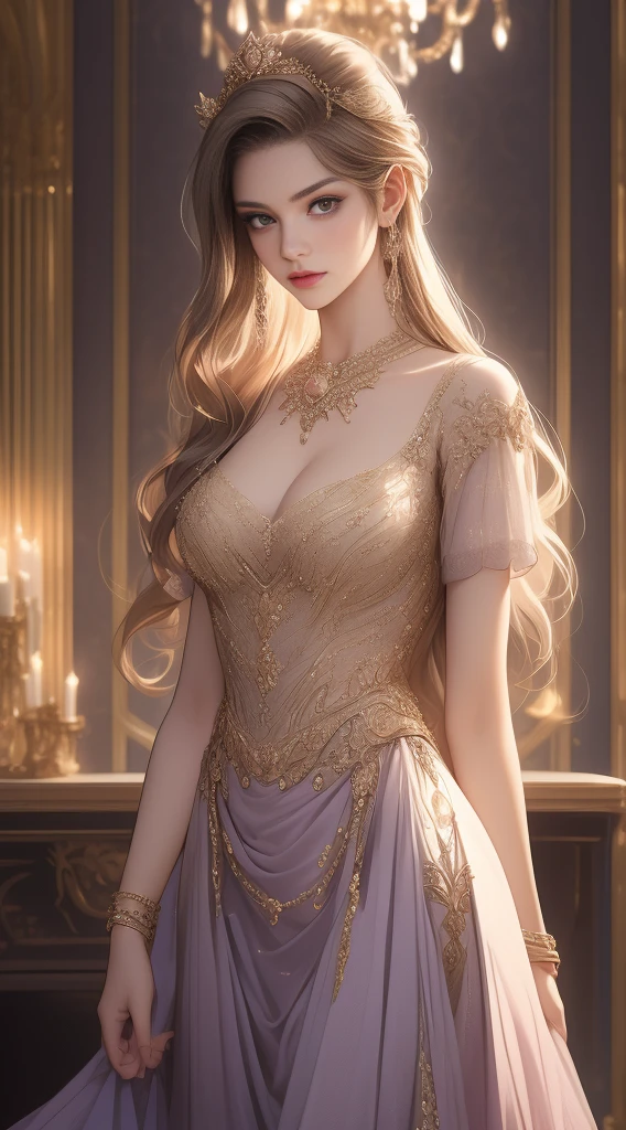 (Highest quality,8k,High resolution,masterpiece:1.2),Very detailed,(Realistic,Realistic,Photorealistic:1.37),Portraiture,Creative style artwork,historic,Classic,Sophisticated,Variety of colors,Very detailed,Soft lighting,Luxurious surroundings、,Bright flowers,Elaborate jewelry,Ethereal atmosphere,Elegant Pose,Graceful curves,Gold Body Proportion,Flowing Hair,Breathtaking textile patterns,Stern purple eyes,Delicate flower decorations,A stunning array of crystal accessories,Mysterious and dreamy atmosphere,Perfect attention to detail.The count's daughter and her lover look at each other and smile happily、lover、like、Sparkling