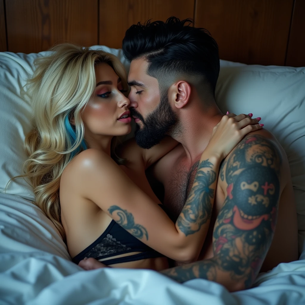 vivid, hd, zoomed out, a gorgeous smiling, Caucasian woman, long blonde hair with blue hair tips, blue eyes, beautiful makeup and contour, tattoos, seductively kissing on a bed, wearing lingere, kissing a handsome white man with jet black hair with skin fade, short black beard, tattoos, blue eyes, athletic build, muscles