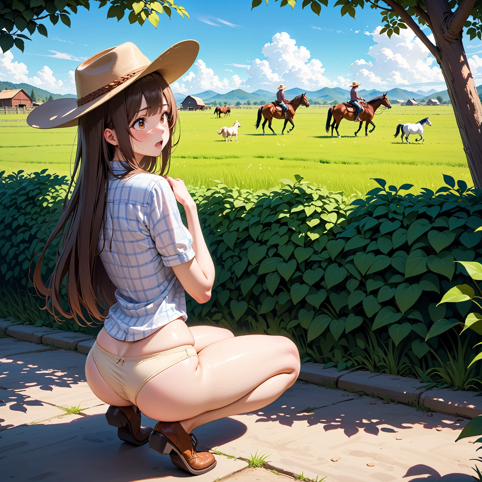 small beige silk panties, exposed butt cheeks, squat woman crouched on the ground, open mouth, blushed face, scared face, Woman looking to background hiding in high bushes, There is a woman with a cowboy hat and straight brown hair, She's looking away, looking at background, short plaid shirt, crouched hiding, the rural areas, western cowgirl, on a farm, exposed back, exposed hips, exposed legs, exposed butt cheeks, cowboys and horses in the background, busy background