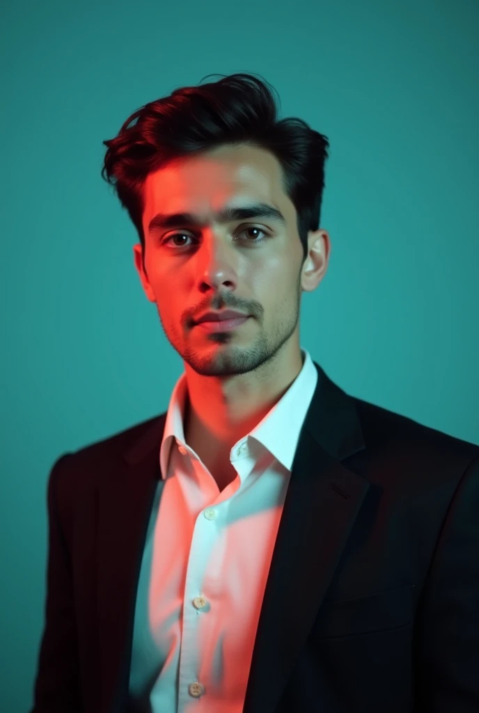 A young Man With Dark hair.  He is Dressed in a black blazer over a white shirt The man is positioned against aqua colour backdrop with a subtle red lighting on the left side and he posing for linkedin profile 