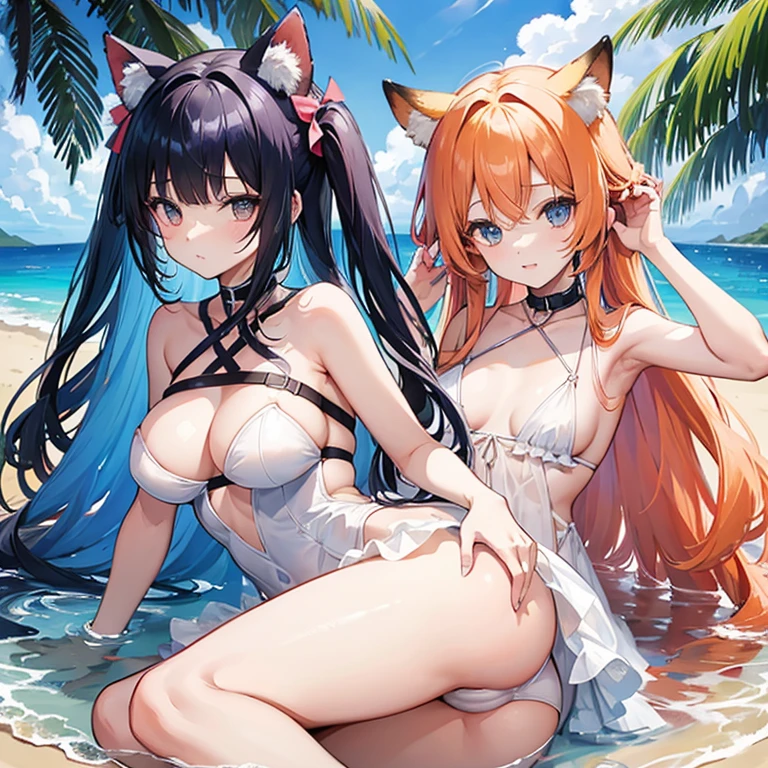 Two young looking people、Both of them are under 、Girl A and B、Both A and B are completely naked and not wearing any clothes.、The two of them are playing together。
A’s appearance、Raccoon ears on head、Layered bob hairstyle、Hair color is blue、Dark blue eyes、Collar with blue ribbon、A raccoon's tail coming out of his ass、The overall fluffy and cute atmosphere。
B’s appearance、Fox ears on head、Her hair is long and straight, reaching down to her waist.、Her hair color is orange.、Hazel Eyes、Collar with pink ribbon、Fox tail from the ass、Overall a lively and cute atmosphere。
The background is a tropical beach with palm trees.、Both of them have cute poses、Lesbians having sex on the beach, touching and fondling each other's bodies。
A composition that includes both people's entire bodies in the image、Painted with pen and watercolor、Moe art。