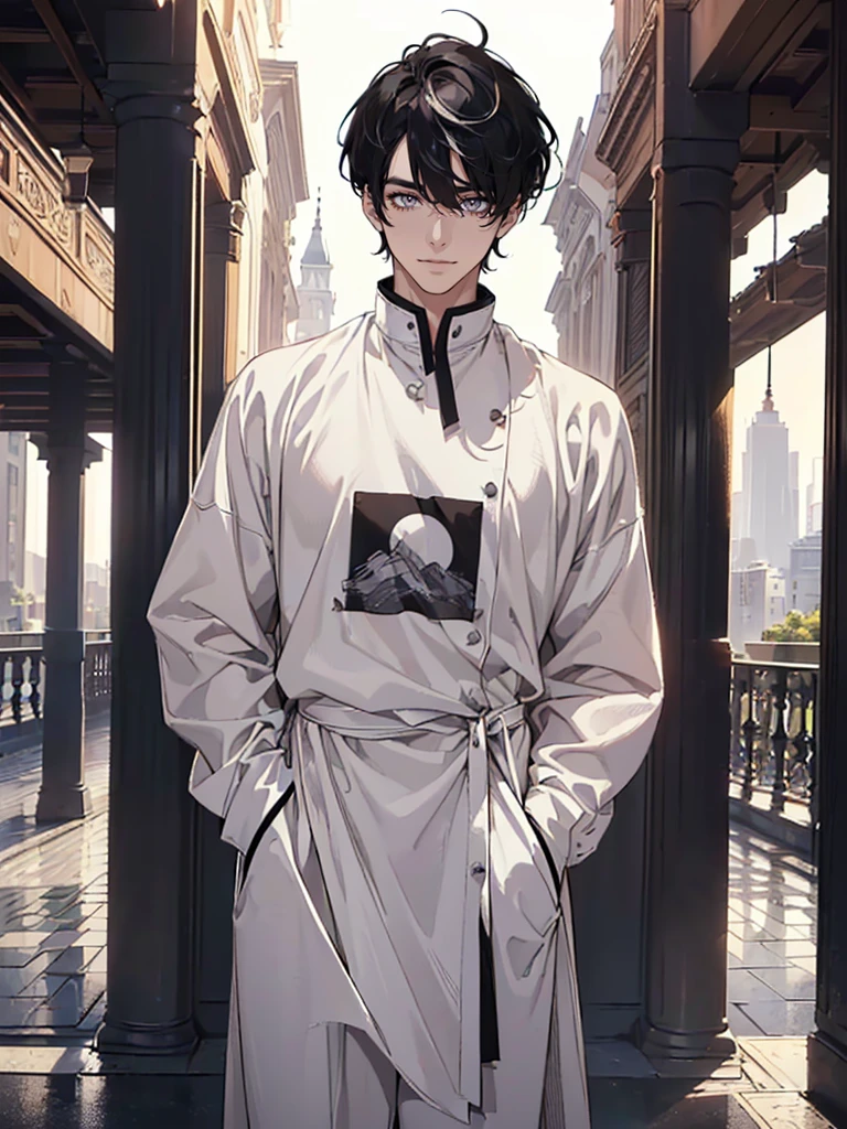 ((highest quallity, work of art, 4K, finely detailled, detailedeyes, face detailed, gelbooru, pixiv)), warm lighting, ((standing alone)), 1 men, bonitas, masculine, adult man, broadshouldered, close do rosto, ((black hair with white streak in the bangs), portraite, seducing smile. looking ahead at viewer, ((lazy eyes, half covered, white eyes with white pupils)), wearing modern clothes, a black t-shirt with a moon design, black zaquets, standing, hands in pockets, ((black hair with white streak in the bangs, shorth hair, shaggy hairstyle, Messy hair)), city background