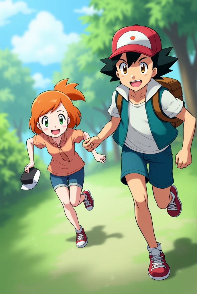 Make Ash and Misty from Pokemon .
Ash is chasing Misty.
Misty runs happily after taking Ash's cap. .
That Ash has his brown eyes and she has green ones.
Misty's hair color is orange and short.