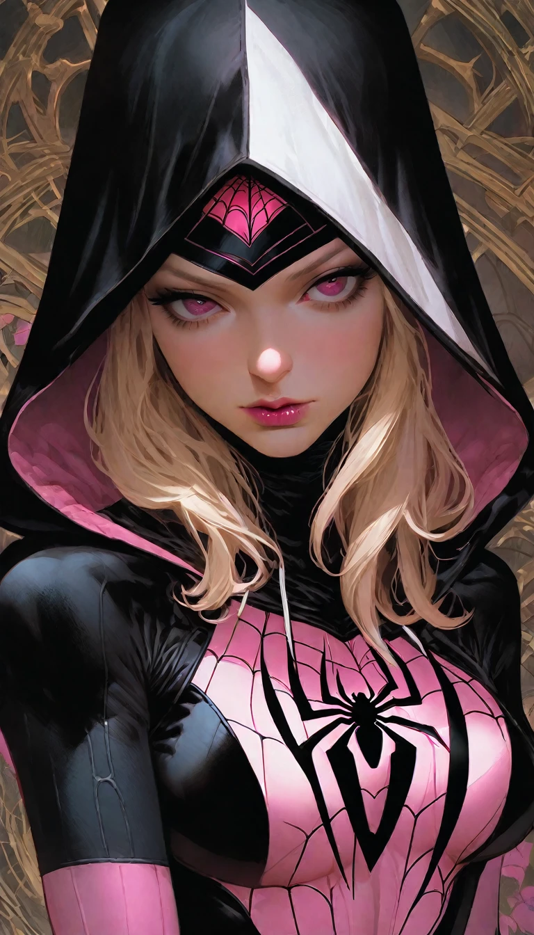 gothic style spider girl, solo, looking at viewer, wearing black with white and pink, spiderman symbol on chest, frank cho pose, hooded bodysuit, gwen stacey, marvel comics, style of Wlop, . dark, mysterious, haunting, dramatic, ornate, detailed,