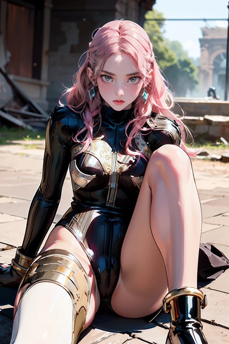(8k, Highest quality, masterpiece:1.2), (Realistic, photoRealistic:1.37), Super Detail, One Girl, (Very detailed), (Beautiful and detailed eyes), (Highest quality), (Super Detailed), (masterpiece), (Detailed face), 20-year-old, 1 person, (Pink Hair, Long Hair), Medium chest, Dressed, Perfect lighting, break, (Shiny bodysuit with vibrant patterns:1.5), (Multicolor geometric pattern:1.3), (Metallic texture:1.4), (Highly stretchy Lycra:1.2), (Glossy satin:1.2), (Slim fit:1.3), (High neck:1.2), (Ribbed cuffs and ankles:1.2), (Simple black ankle boots:1.2), (Silver geometric earrings:1.2), (Thin bangle:1.2) brake (Ancient ruins background:1.5), (Calm expression:1.4),NSFW