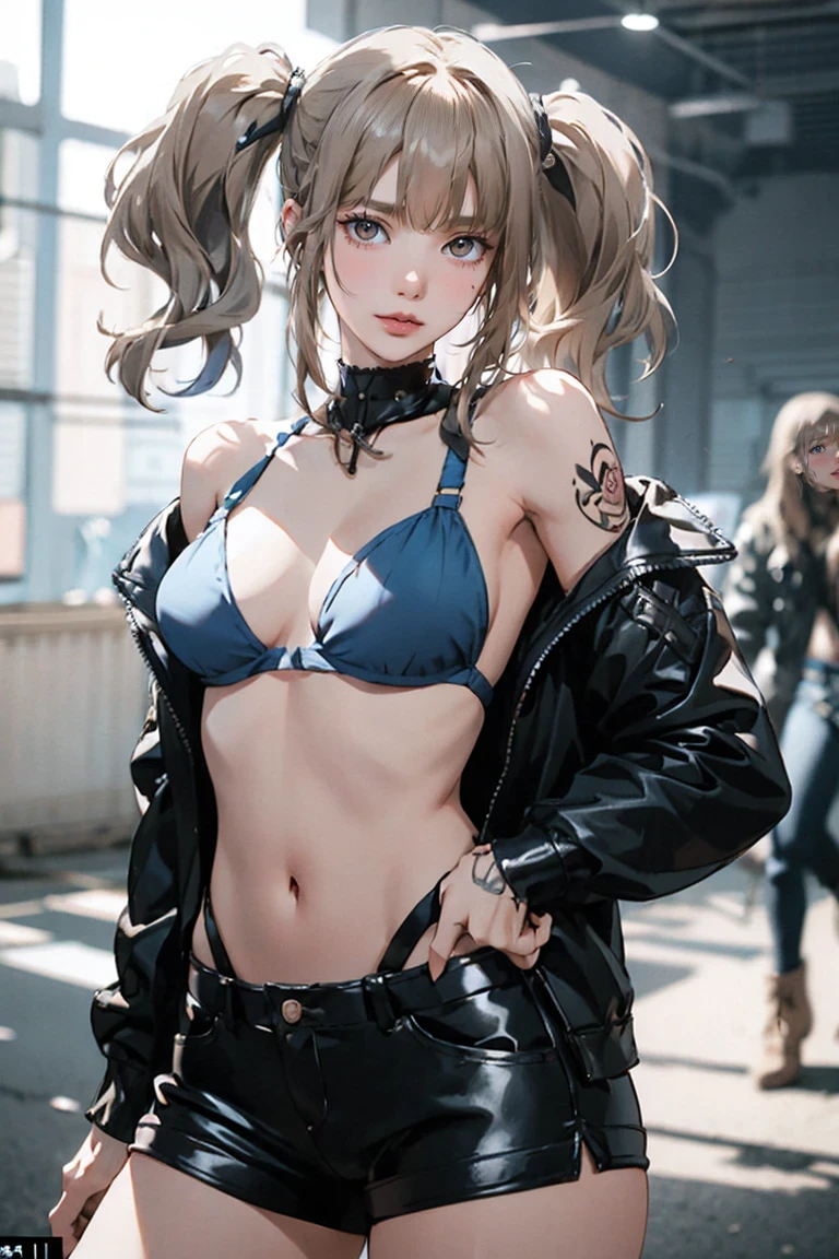Realistic:1.2, Rocker girl in leather jacket,Slim figure、Normal bust size、 highly Realistic photograph, whole body, Browsing Caution, Spiked clothing,White tank top、Navel exposed、Leather high leg bikini pants、tattoo,Earrings Dark lipstick, blue eyes,Blonde twin tails,Black Ribbon, Beautiful and perfect legs, Confident expression, Punk Style ,Dynamic pose, Dynamic Lighting, Bright colors, Large Breasts, (Adult female body),Narrow waist,((Tall))