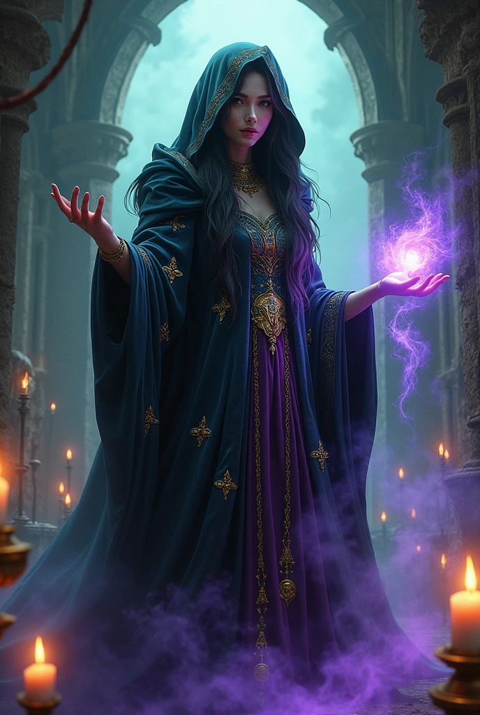 "Surrounded by a halo of flickering candlelight, a powerful witch stands tall, her long, raven-black hair cascading down her dark, velvet cloak, adorned with intricate, mystical symbols that shimmer like stars, as her piercing emerald eyes gleam with ancient wisdom, and her slender fingers weave a spell of swirling, ethereal energies, summoning forth a vortex of shimmering, purple mist that seems to hold the very essence of magic, within the crumbling, Gothic walls of her mysterious, forgotten tower."