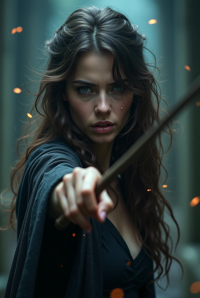 A woman with wavy dark brown hair and blue eyes pointing her wand at a man from behind, she is crying. don't show the man's face