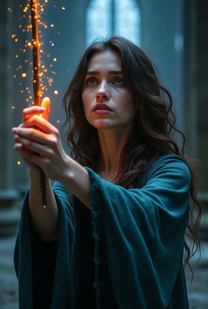 A woman with wavy dark brown hair and blue eyes pointing her wand at a man from behind, she is crying. don't show the man's face