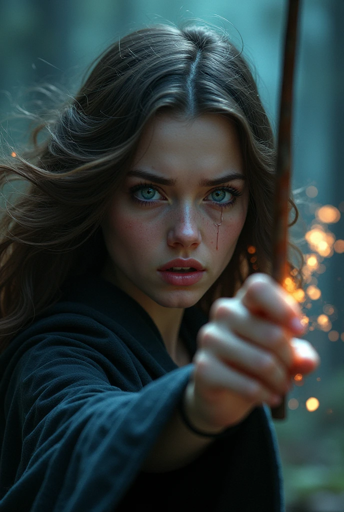 A woman with wavy dark brown hair and blue eyes pointing her wand at a man from behind, she is crying. don't show the man's face