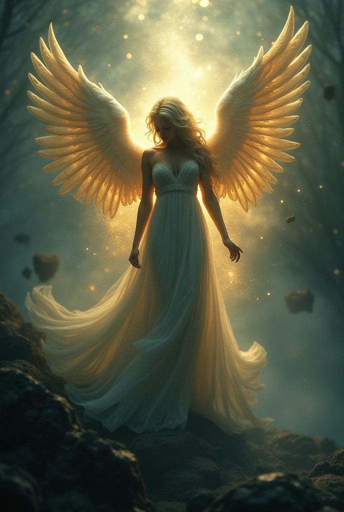 Please create an image of a mysterious and enigmatic angel. This angel should be bathed in an ethereal, radiant light that exudes an aura of celestial mystery and wonder. The angel's pose, setting, and appearance can all contribute to the sense of mystique. Push the boundaries of color, luminosity, and intricate detailing to craft an image that captivates the viewer's imagination and conveys the angel as a divine enigma. Your artistic skills are crucial in bringing this enigmatic angelic vision to life