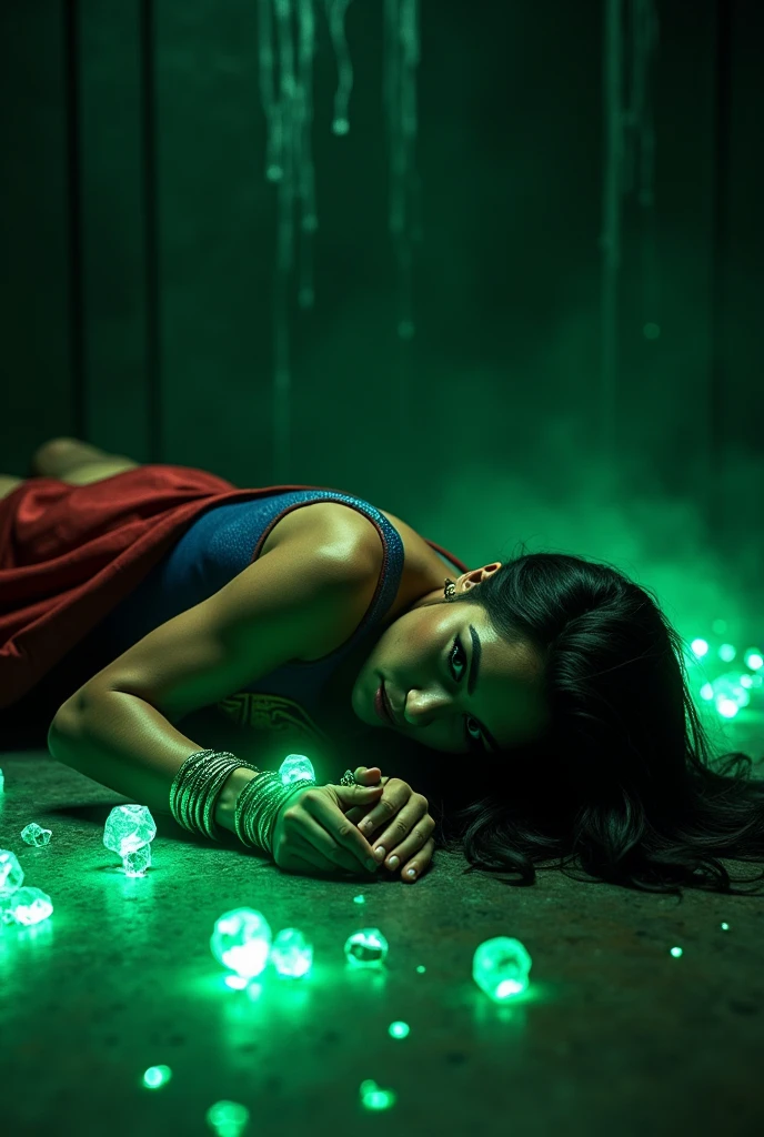 A BONDAGE SCENE WHERE A HOT SUPERGIRL WITH LONG BLACK HAIR WEARING HER ICONIC SUPERGIRL OUTFIT AND CAPE, HER HANDS AND FEET TIED TOGETHER WITH GLOWING GREEN KRYPTONITE ROPE LAYING HELPLESSLY ON THE FLOOR COVERD IN KRYPTONITE SHARDS, IN A PITCH BLACK ROOM. INCREDIBLE DETAILS, HYPER DETAILED IN 8K RESOLUTION