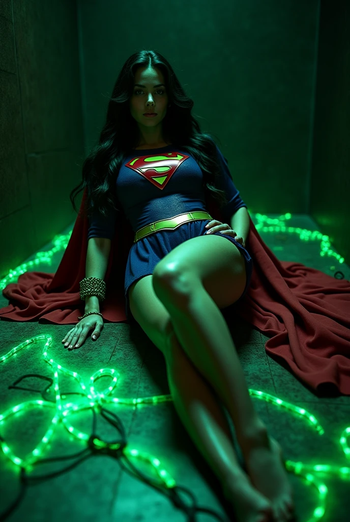 A BONDAGE SCENE WHERE A HOT SUPERGIRL WITH LONG BLACK HAIR WEARING HER ICONIC SUPERGIRL OUTFIT AND CAPE, HER ENTIRE BODY TIED UP WITH GLOWING GREEN KRYPTONITE ROPE LAYING HELPLESSLY ON THE FLOOR COVERD IN KRYPTONITE SHARDS, IN A PITCH BLACK ROOM. INCREDIBLE DETAILS, HYPER DETAILED IN 8K RESOLUTION