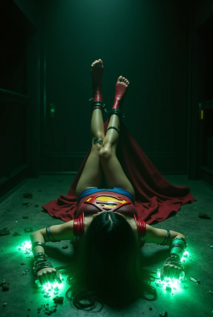 A BONDAGE SCENE WHERE A HOT SUPERGIRL WITH LONG BLACK HAIR WEARING HER ICONIC SUPERGIRL OUTFIT AND CAPE, HER HANDS, FEET AND WASTE TIED UP WITH GLOWING GREEN KRYPTONITE ROPE LAYING HELPLESSLY ON THE FLOOR COVERD IN KRYPTONITE SHARDS, IN A PITCH BLACK ROOM. INCREDIBLE DETAILS, HYPER DETAILED IN 8K RESOLUTION