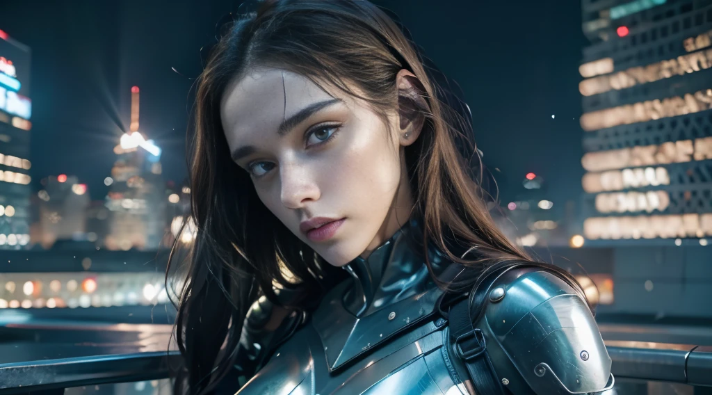 8K,best quality, masterpiece, Ultra-high resolution, (Reality:1.4), RAW photos, (Real skin texture:1.3), (Film Grain:1.3), (Selfie Angle),1 Girl,Beautiful and detailed eyes and face,Off-shoulder，Large Breasts，Postmodern Bodysuit，masterpiece, best quality,close up,Upper body shot, standing on top of the building，Cyberpunk Style Modern Metropolis，night，individual
