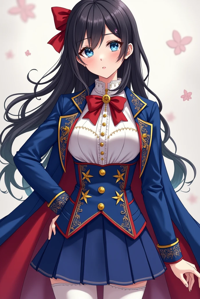 ANIME GIRL
NOBLE WOMAN WITH BLUE EYES, BLACK HAIR, DREESING A
ANIME GIRL NOBLE WOMAN WITH BLUE EYES, BLACK HAIR, DREESING For girls:
Blouse:
Style: Long-sleeved blouse with a stand-up collar or Peter Pan style. It may have a front opening with small gold buttons or a decorative fastening.
Fabric: High-quality satin or silk.
Main color: Pearly white.
Details: Royal blue and ruby red embroidery on the collar and sleeves, with a ruby red bow. The brooch on the bow may be gold with a small Solaria emblem.
Accessories and accessories:
Blazer or Jacket:
Style: Fitted blazer, in fine fabric.
Main color: Royal blue.
Details: Ruby red embroidery on the seams or buttons. The Solaria emblem in gold on the chest.
Lining: Gold or ruby red for an elegant contrast.
Skirt:
Style: Pleated skirt that falls to just above the knee.
Main color: Royal blue.
Details: Ruby red sash or embroidery on the hem, with a sunburst pattern or a subtle geometric design.
Tights:
Style: Full-length tights that cover the leg to the waist.
Color: White or nude with royal blue and ruby red accents along the top or sides.
Shoes:
Style: Mary Jane or Oxford-style leather shoes.
Main Color: Royal blue or ruby red.
Details: Fancy gold or silver accents, such as a buckle or small emblem... full body