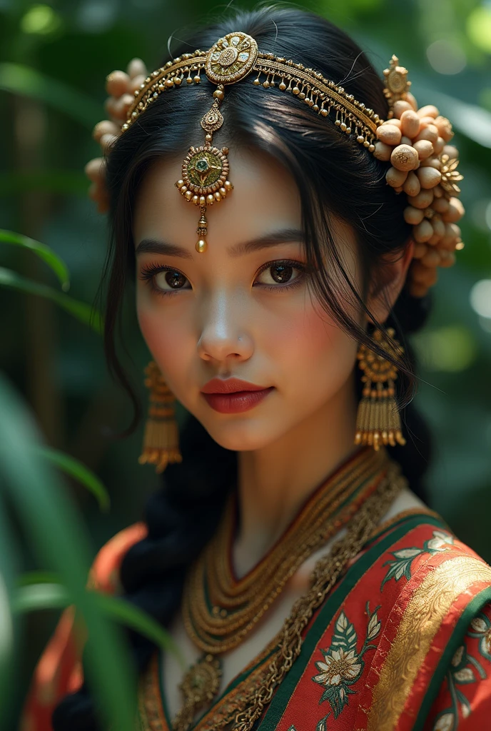  batik patterns, beautiful detailed eyes, beautiful detailed lips, extremely detailed face, long eyelashes, detailed ornate hair accessories, detailed cultural jewelry, natural jungle foliage background, lush tropical forest, diffused soft lighting, muted warm color palette, cinematic lighting, photorealistic, ultra-detailed, (best quality,8k,highres,masterpiece:1.2),digital art, concept art, artstation, cinematic composition,,