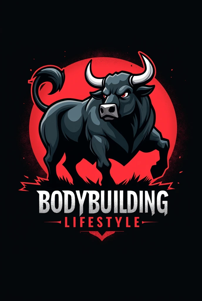Design a powerful and dynamic logo for a brand featuring a strong, muscular bull as the central figure, symbolizing strength, power, and determination. The bull should have well-defined muscles, with a stance that conveys energy and dominance, embodying the essence of bodybuilding and fitness. Use sharp, angular lines to emphasize the bull's muscular build and add a sense of intensity. Incorporate bold, dark tones like black, deep red, or metallic gray to create a fierce and commanding presence. The logo should include the phrase 'BODYBUILDING LIFESTYLE' in a bold, modern font that complements the aggressive and energetic vibe of the design