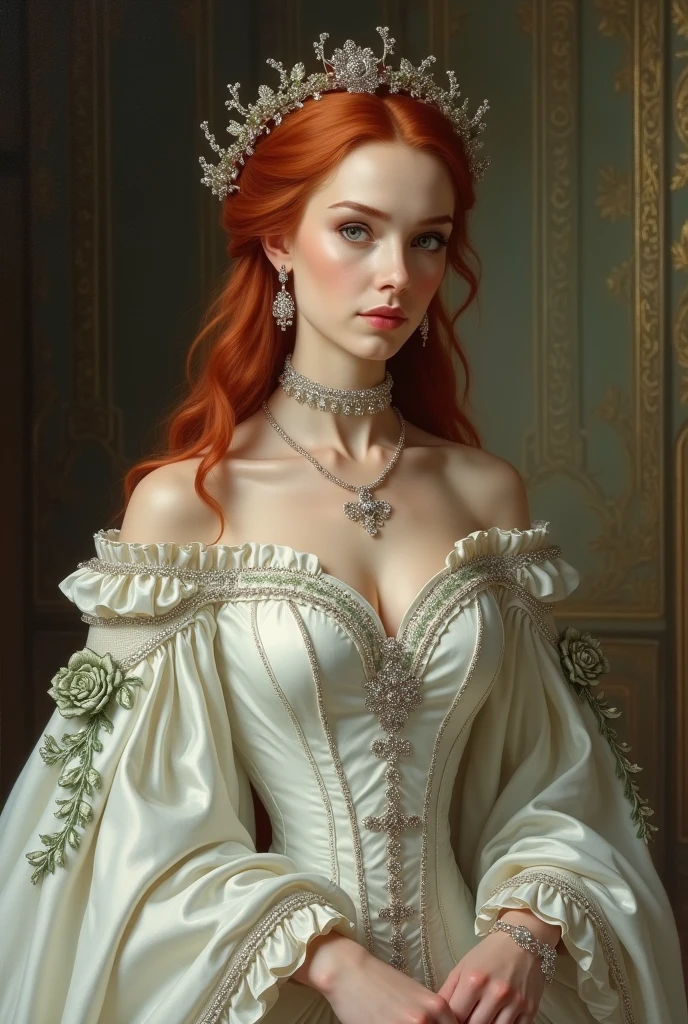 Lady Morgana tyrell , protector of the countryside,the most beautiful woman in Westeros, hair as red as a peach, Pele branca como a neve, rosy cheeks and mouth, sculptural body, wearing a white wedding dress, with some light green embroidered roses, with some details in rhinestones, full body dress, diamond studded necklace