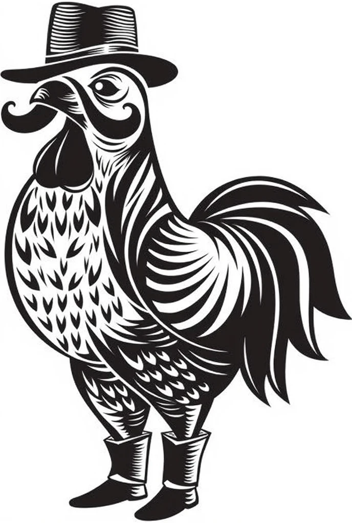 Vulture with cowboy hat and black mustache , white background and black lines , with an artistic style equal to that of the reference photo and with an imposing posture