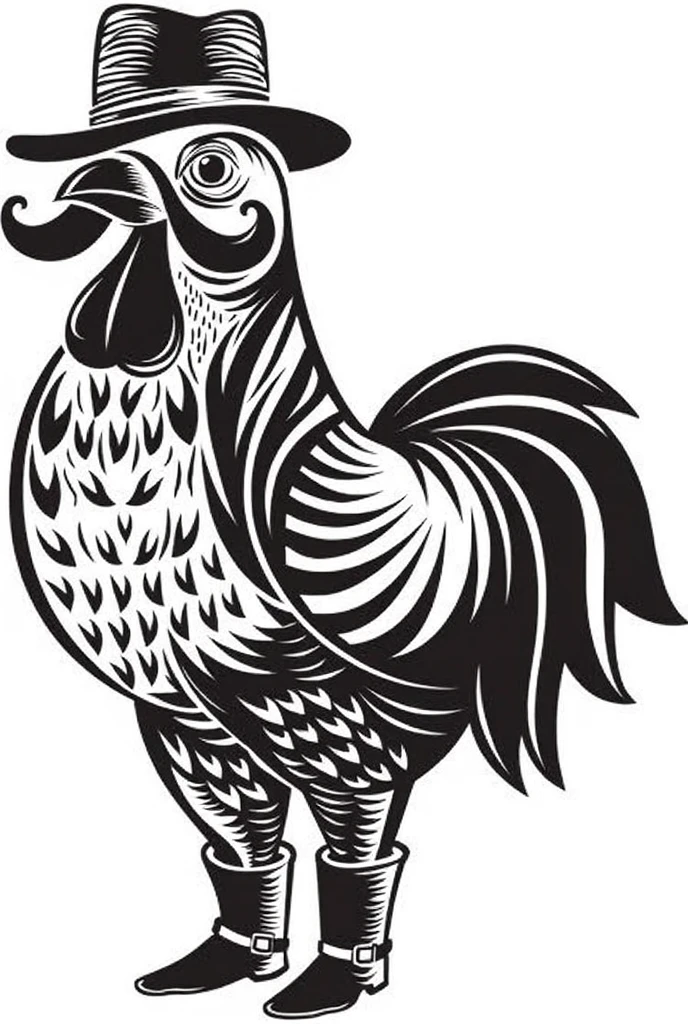 Vulture with cowboy hat and black mustache , white background and black lines , with an artistic style equal to that of the reference photo and with an imposing posture 