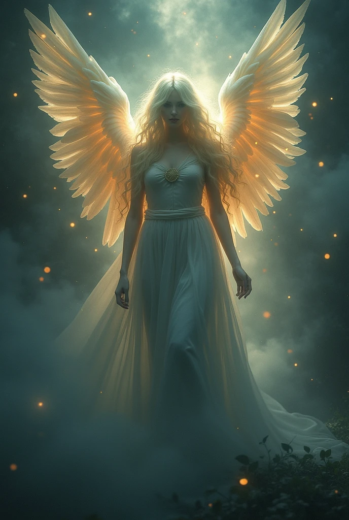 Please create an image of a mysterious and enigmatic angel. This angel should be bathed in an ethereal, radiant light that exudes an aura of celestial mystery and wonder. The angel's pose, setting, and appearance can all contribute to the sense of mystique. Push the boundaries of color, luminosity, and intricate detailing to craft an image that captivates the viewer's imagination and conveys the angel as a divine enigma. Your artistic skills are crucial in bringing this enigmatic angelic vision to life