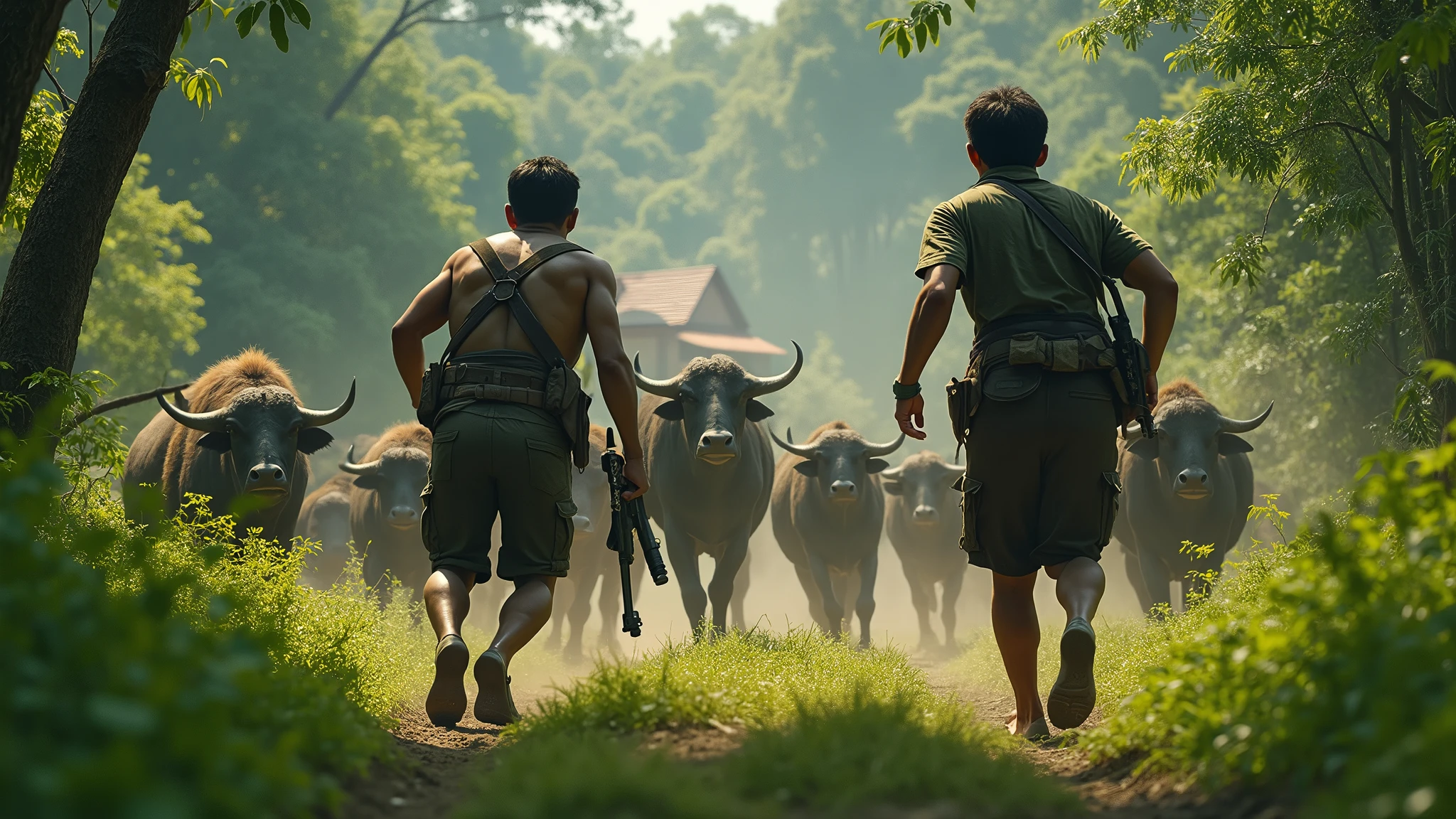 Two Indonesian hunters with guns run after a herd of buffalo in the forest near a villager's house, looking from behind 8k