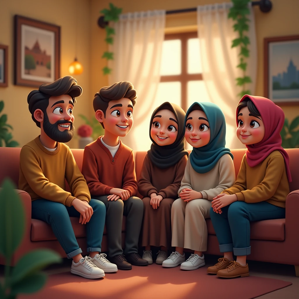 ((3 males sitting)) and ((3 hijabbed females sitting)), caricaturized, cute face, just concentrate, casual fashion, fantasy art, happy expression, extreme detail, masterpiece, cinematic lighting, 4k, indoor background