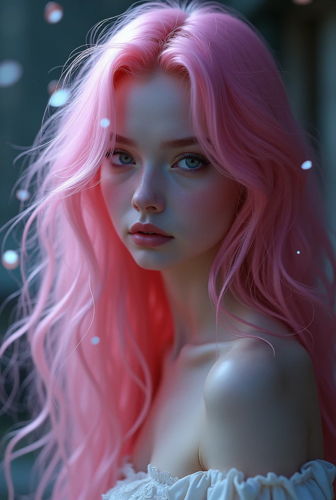 with pink hair,pretty as a fairy,college-aged,dimmed lights,vivid,dreamlike,floating hair,young,lust