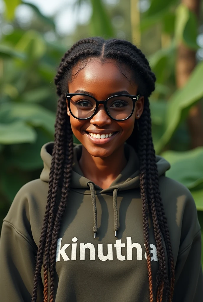 (photorealism:1.2), beautiful black African woman,22 years,small low bridge nose,sharp boobs, oily smooth shiny skin,smiling,wearing a fitting brown hoodie written "KINUTHiA",long braids, black oversized round photo chromatic glasses with grey lenses, standing , realistic indetails,plants in background.North west inspiration