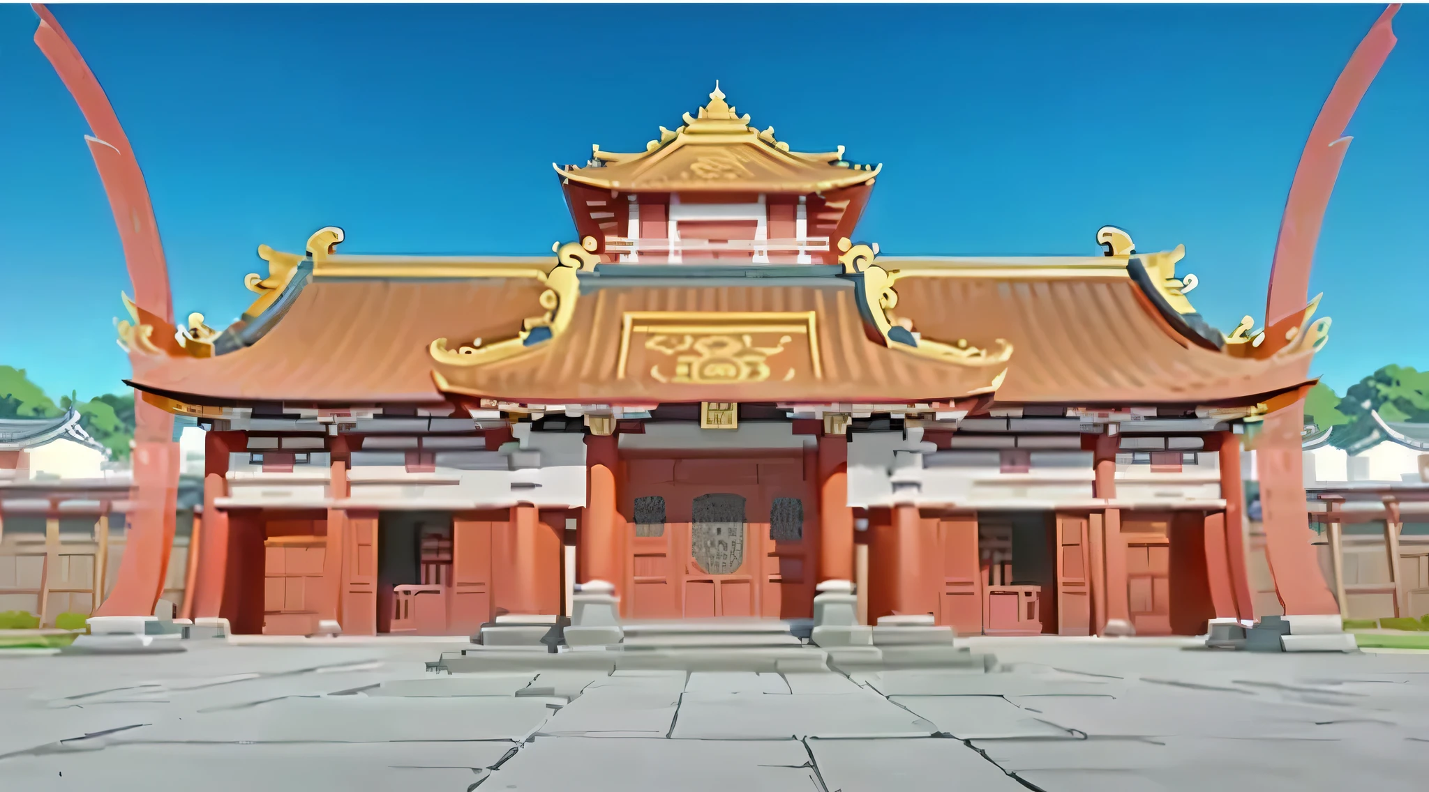 Close up of cartoon building，Red roof and red doors, temple background, Cora Legend setting, background depicting a temple, anime Yuruying, a temple, Madhouse Studios Anime Style, buddhist temple, large temples, Tang Dynasty Palace, Japanese feudal background, temple, in front of a temple, Yuruying