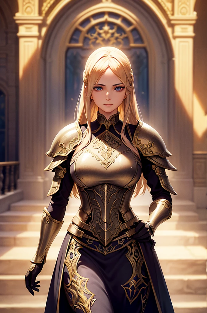 a beautiful young woman with golden hair and azure eyes standing in a castle courtyard, exquisitely detailed, highly detailed facial features, wearing iron armor, intricate armor details, glowing magical energy, dramatic lighting, Renaissance castle interior, epic fantasy scene, cinematic lighting, photorealistic, 8k:1.2, highly detailed:1.2, masterpiece:1.3