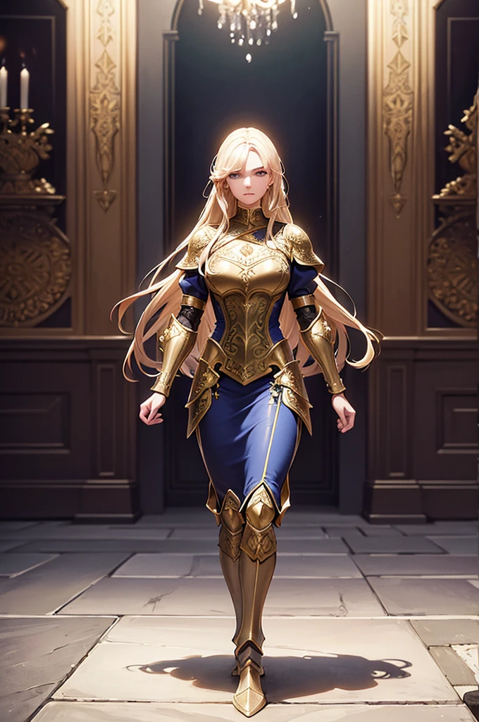 a beautiful young woman with golden hair and azure eyes standing in a castle courtyard, exquisitely detailed, highly detailed facial features, wearing iron armor, intricate armor details, glowing magical energy, dramatic lighting, Renaissance castle interior, epic fantasy scene, cinematic lighting, photorealistic, 8k:1.2, highly detailed:1.2, masterpiece:1.3