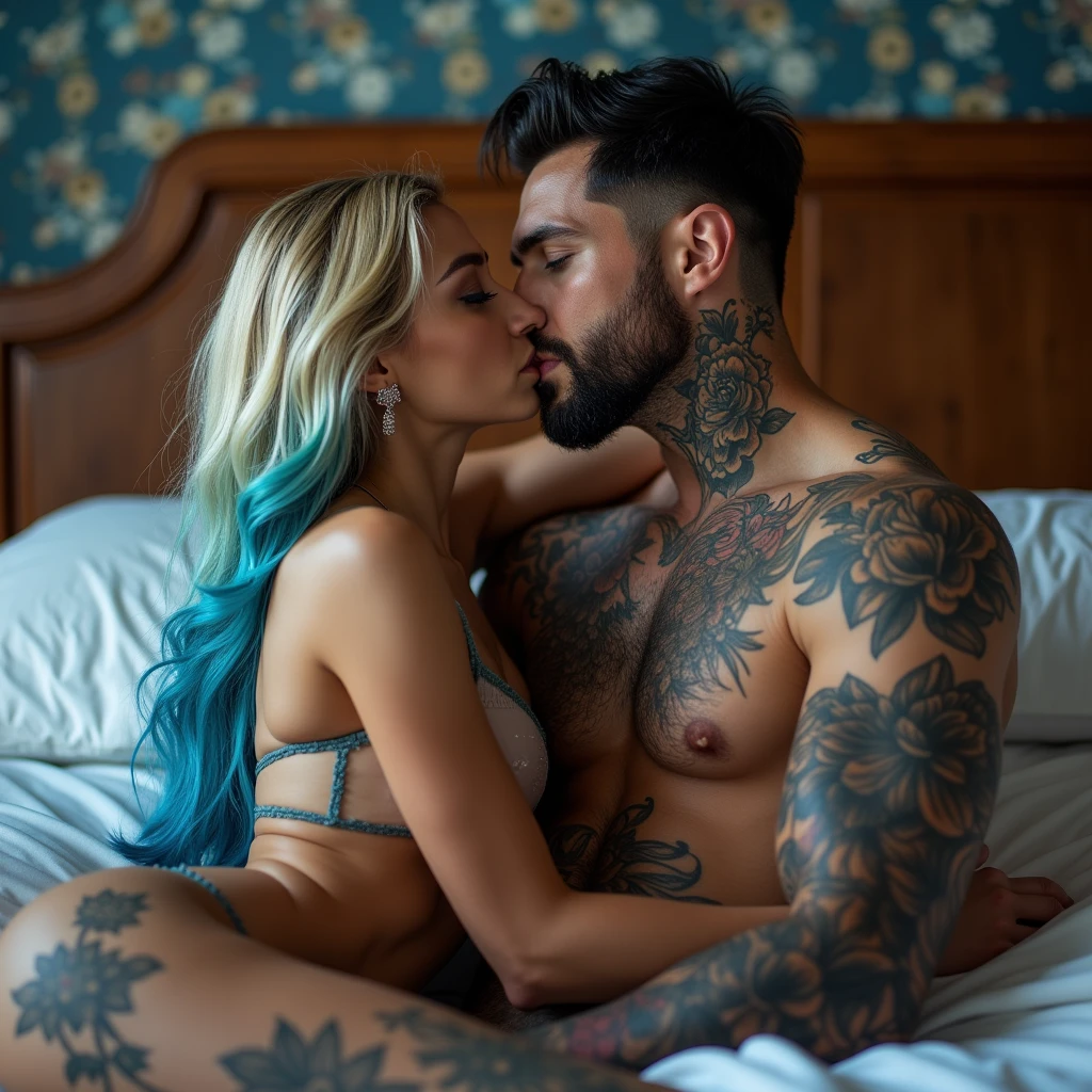 vivid, hd, zoomed out, a gorgeous smiling, Caucasian woman, long blonde hair with blue hair ends, blue eyes, beautiful makeup and contour, tattoos, seductively kissing on a bed, wearing lingere, kissing a handsome white man with jet black hair with skin fade, short black beard, tattoos, blue eyes, athletic build, muscles