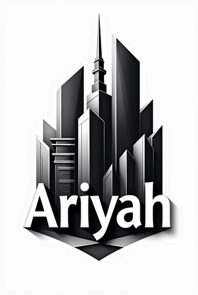 draw a black and white abstract logo of word "Ariyah" with a complex architectural building concept mix with the word.