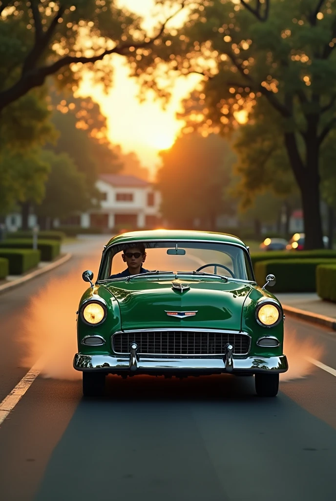 Green car driving home from work