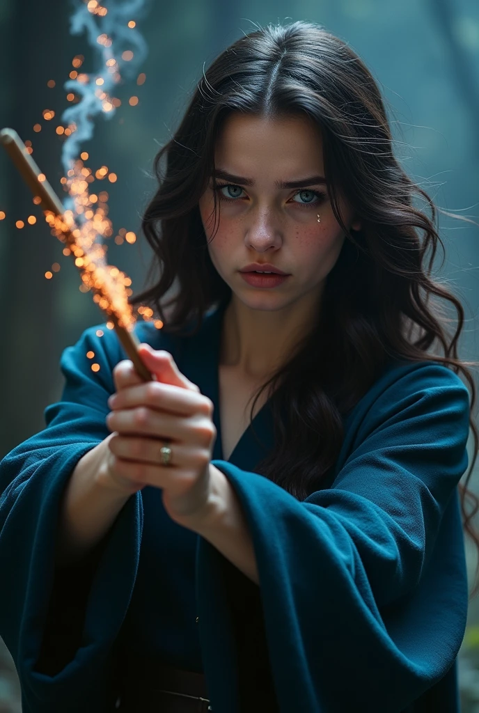 A woman with wavy dark brown hair and blue eyes pointing her wand at a man from behind, she is crying. don't show the man's face