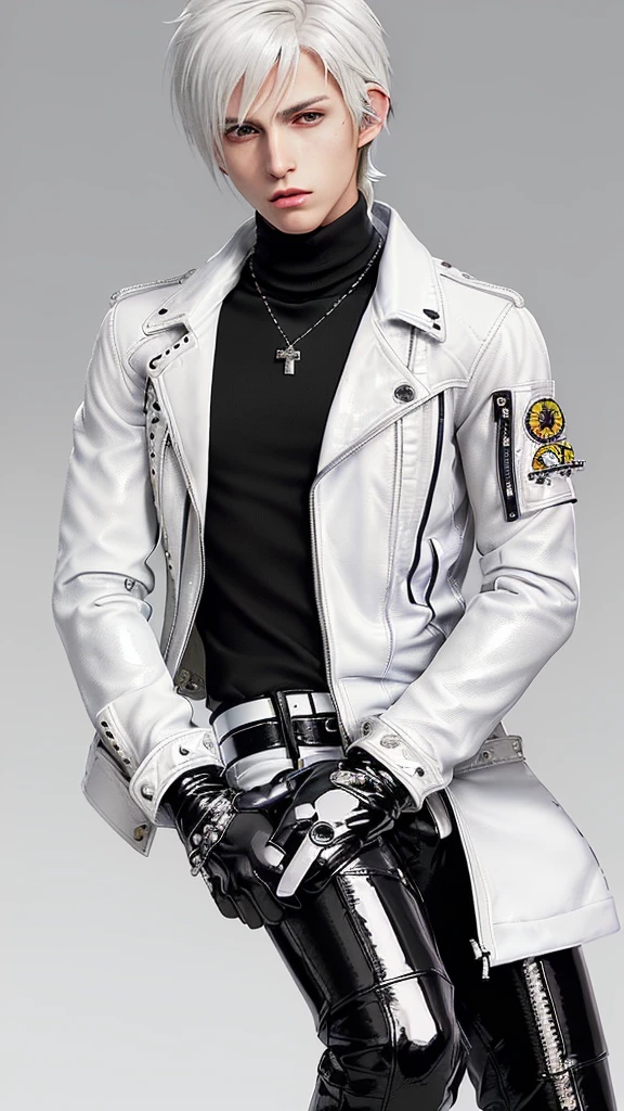 Final fantasy taste and reality graphics, Japanese young cute and cool ikemen boy, his age is early 20s, thin eyebrows and beady eyes, (((he wearing off white color and little shiny single-brest leather jacket and with epaulet))), ((leather jacket is close all zippers)) , ((jacket collar is high length)), ((jacket is stand-up collar with belts)),(jacket is simple design), ((also wearing black thick turtleneck polyester shirts)), put on tight black leather pants, (((put on shiny black leather glove,covers full finger))), black leather knee-high raceup boots, head-to-toe,whole body, boy looks like fashion model,hair is black