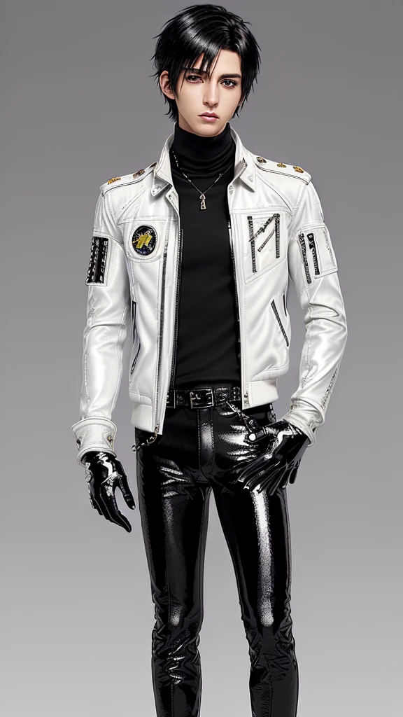 Final fantasy taste and reality graphics, Japanese young cute and cool ikemen boy, his age is early 20s, thin eyebrows and beady eyes, (((he wearing off white color and little shiny single-brest leather jacket and with epaulet))), ((leather jacket is close all zippers)) , ((jacket collar is high length)), ((jacket is stand-up collar with belts)),(jacket is simple design), ((also wearing black thick turtleneck polyester shirts)), put on tight black leather pants, (((put on shiny black leather glove,covers full finger))), black leather knee-high raceup boots, head-to-toe,whole body, boy looks like fashion model,hair is black