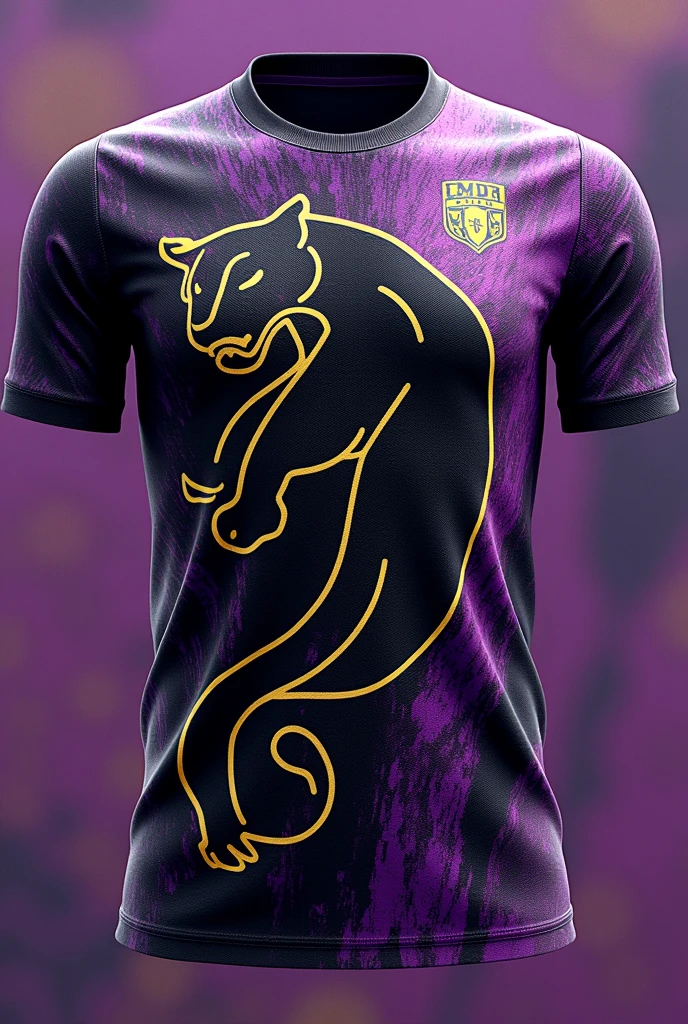 Purple and white football shirt Details :indigenous painting in black Jaguar outlined in gold, in the center of the shirt Number 58 small on the upper right side 