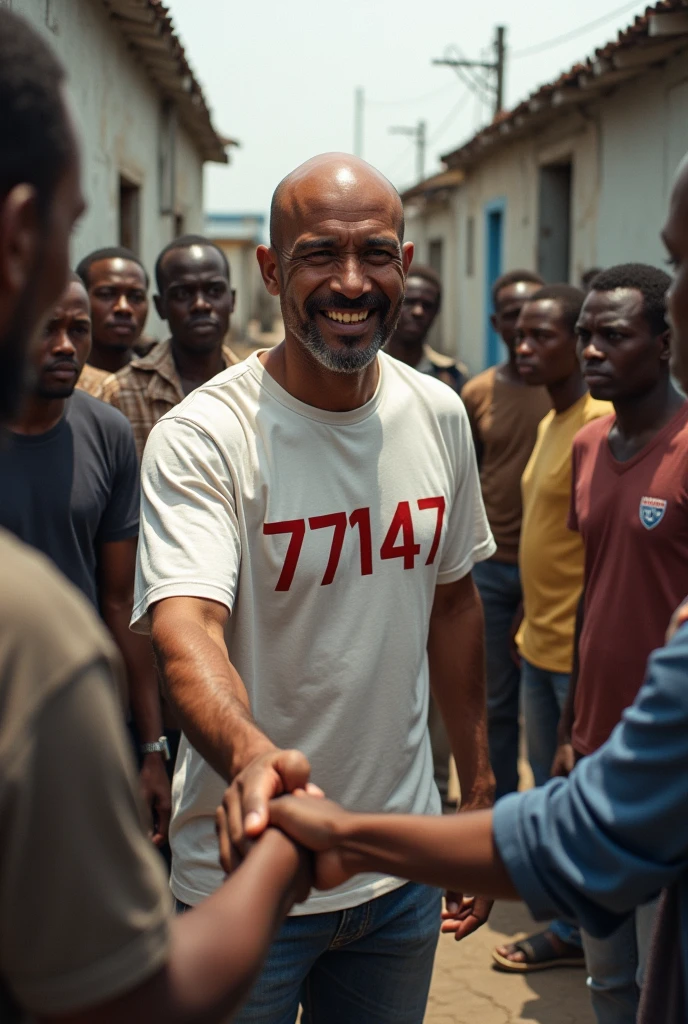 A bald man shaking hands with people in a poor neighborhood wearing a white t-shirt with the number 77147 written on the shirt for councilor vote lollipop